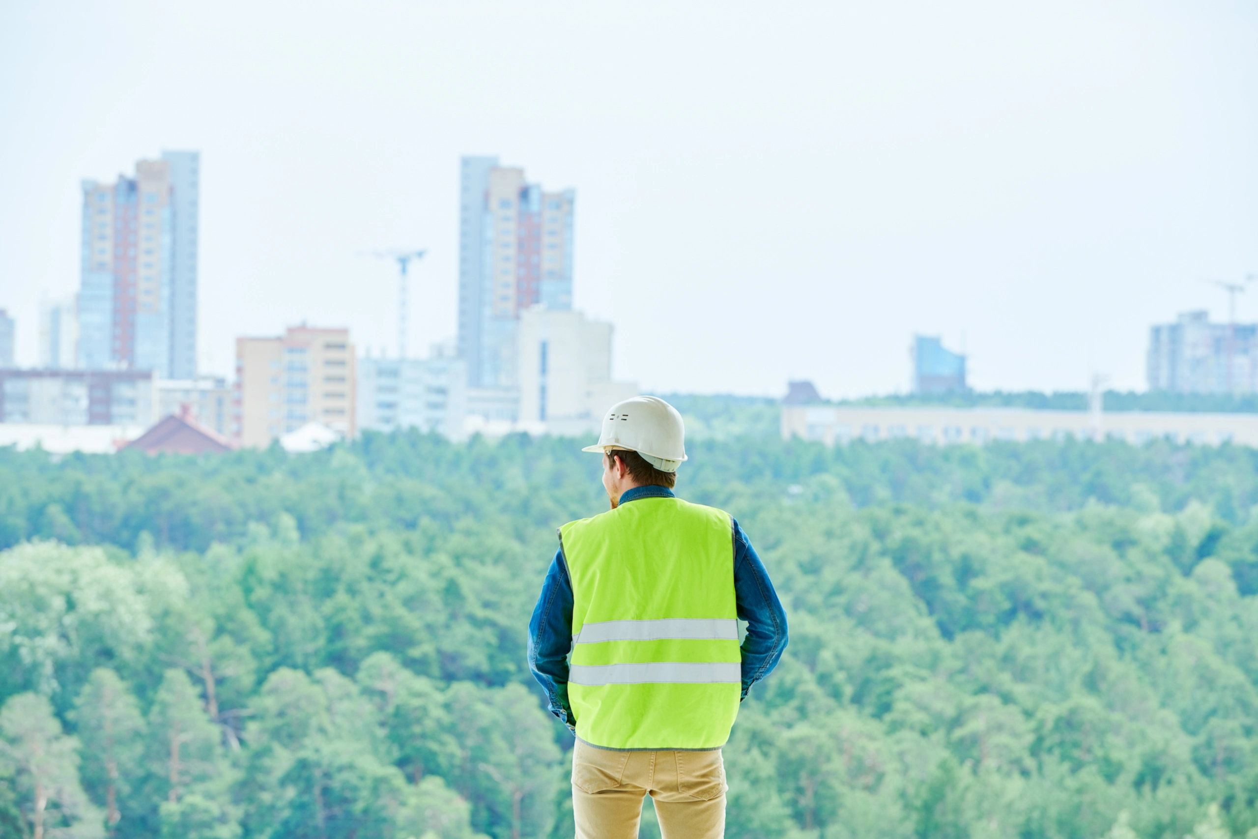 Rear view of male construction engineer in white hardhat and green vest contemplating forests and cityscape